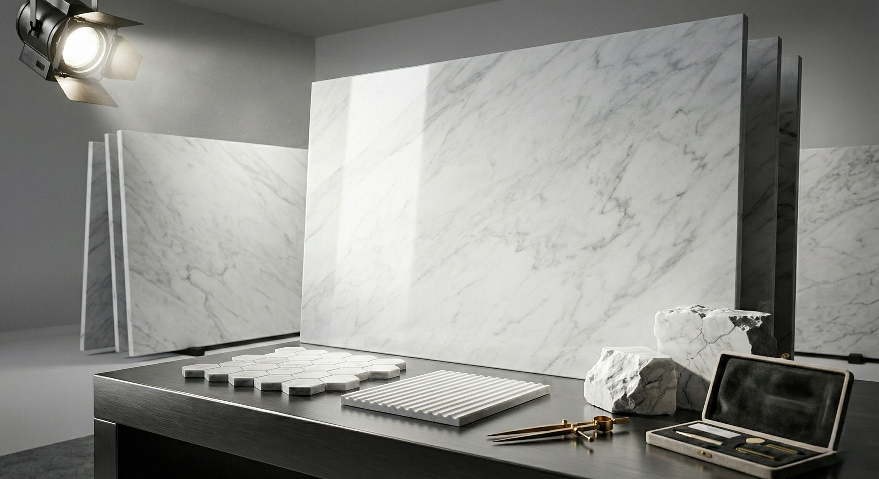Bianco Carrara C marble material - High-quality slab selection with unique natural veining. - Marmi di Carrara since 1956 Italy
