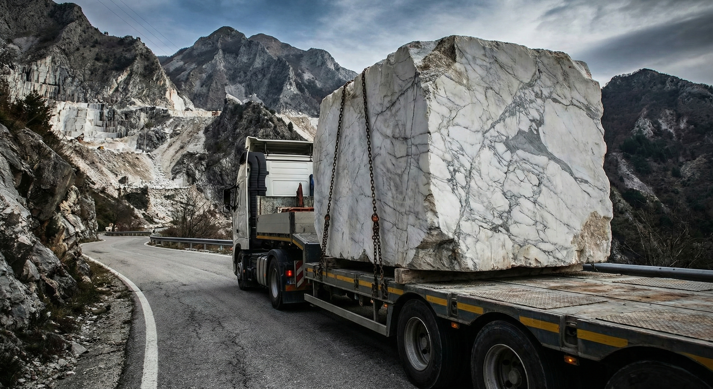 Calacatta Carrara marble origin - Authentic extraction and raw blocks from Apuan Alps quarries. - Marmi di Carrara since 1956 Italy