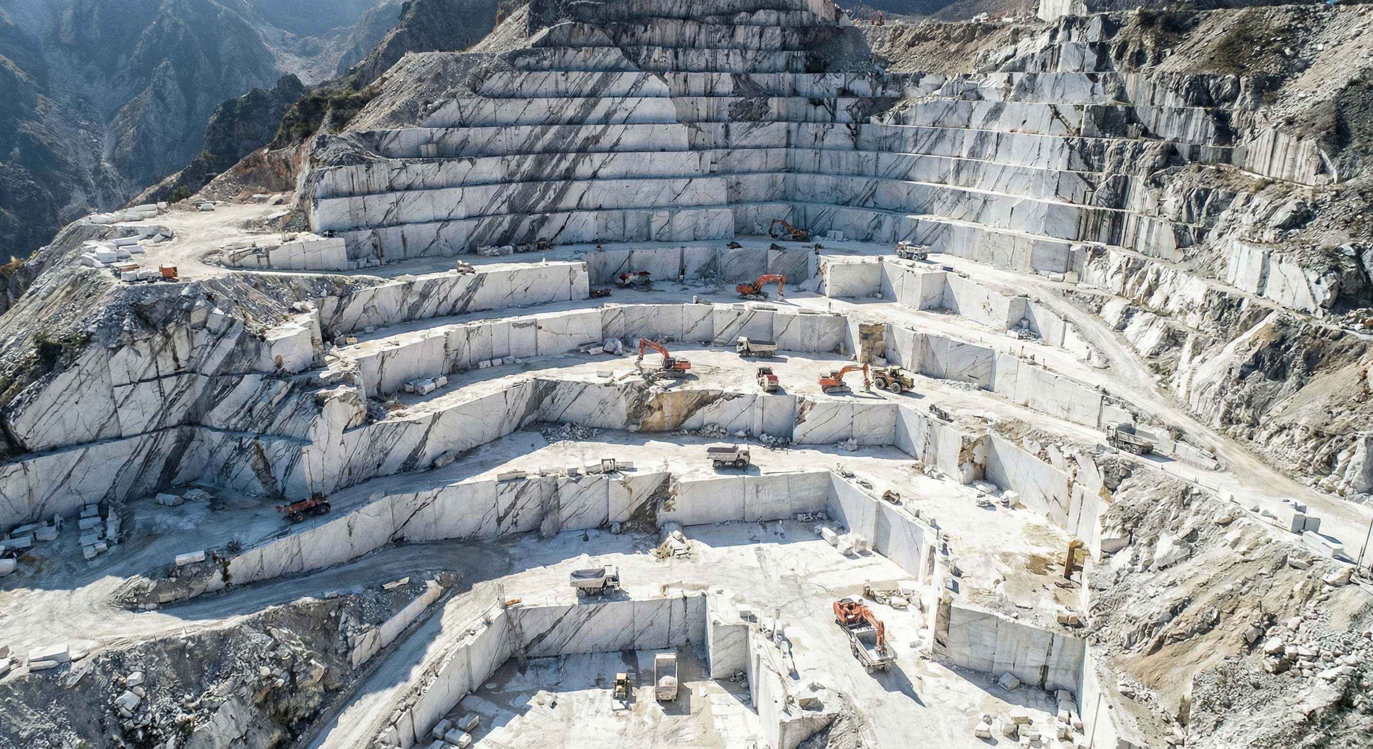 Bianco Carrara Gioia marble origin - Authentic extraction and raw blocks from Apuan Alps quarries. - Marmi di Carrara since 1956 Italy